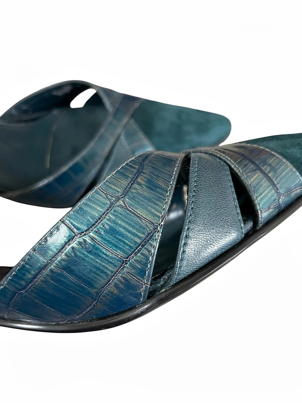 Alfani Teal Blue Croc Embossed Leather Suede Pointed Toe Mule Kitten Heels 7.5M - Picture 9 of 11